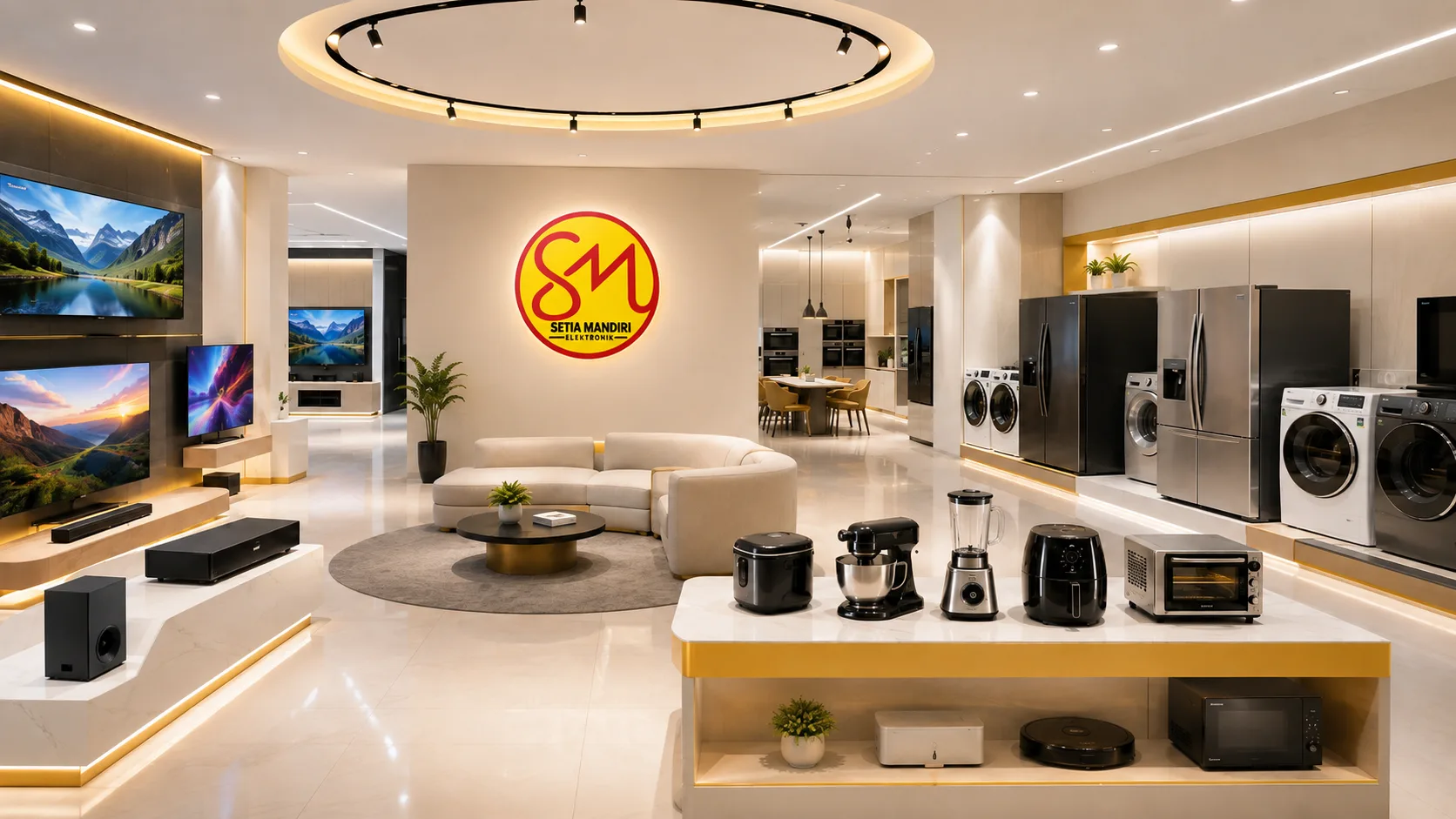 Area pajangan produk di dalam gedung Setia Mandiri Elektronik