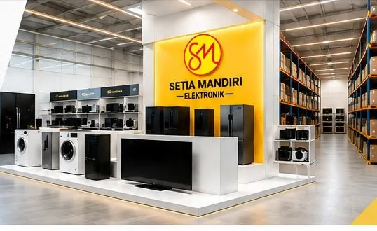 Setia Mandiri Elektronik showroom with appliances, televisions, and warehouse racking